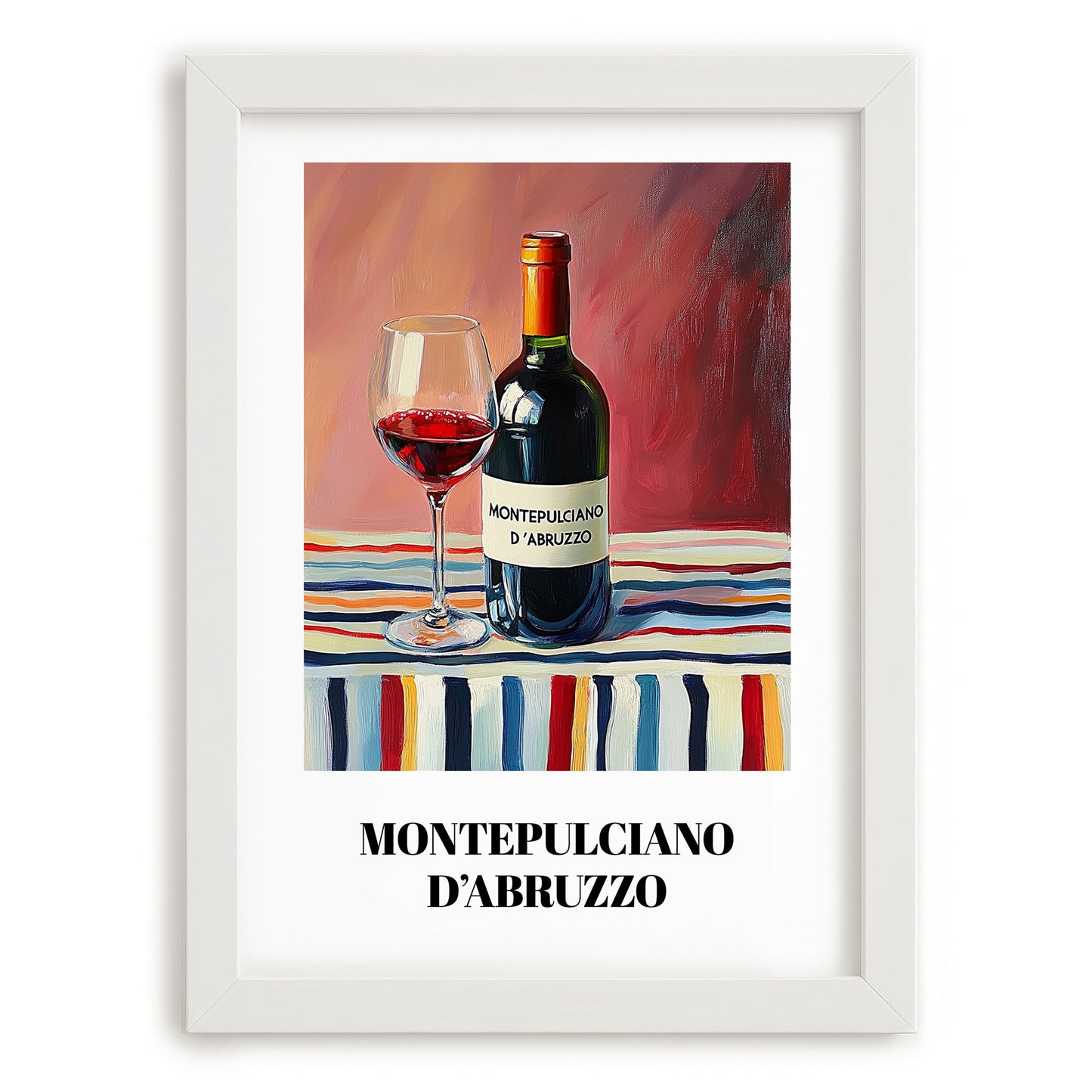 Montepulciano d'Abruzzo – on Striped Tablecloth, Italian Wine Painting, placed in minimal white frame