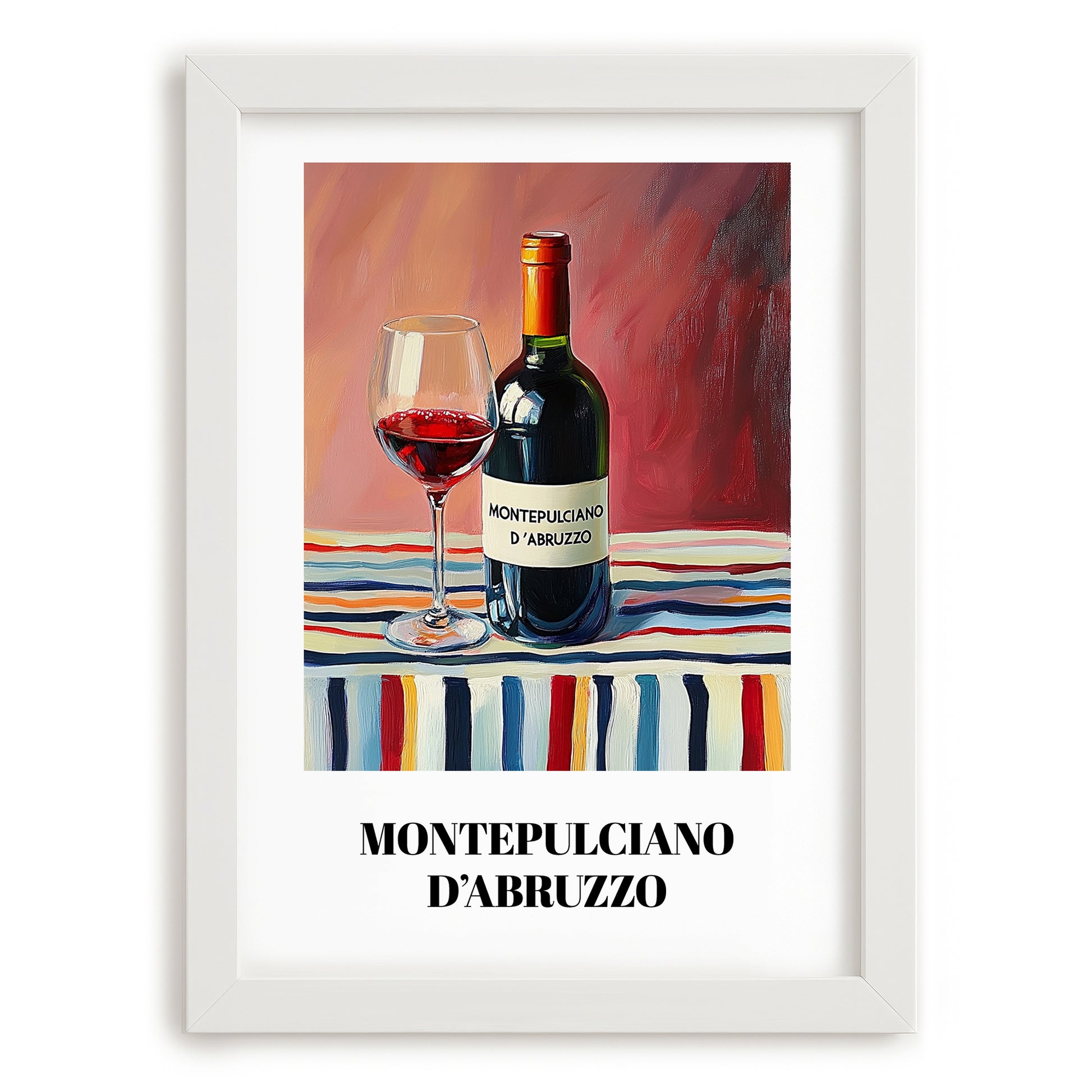 Montepulciano d'Abruzzo – on Striped Tablecloth, Italian Wine Painting, placed in minimal white frame