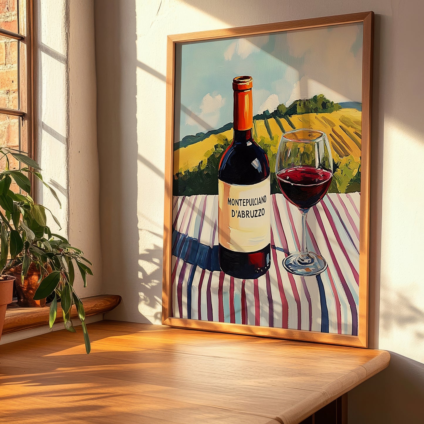 Montepulciano d'Abruzzo – Italian Hillside Café View, Italian Wine Wall Illustration, clean layout with no caption
