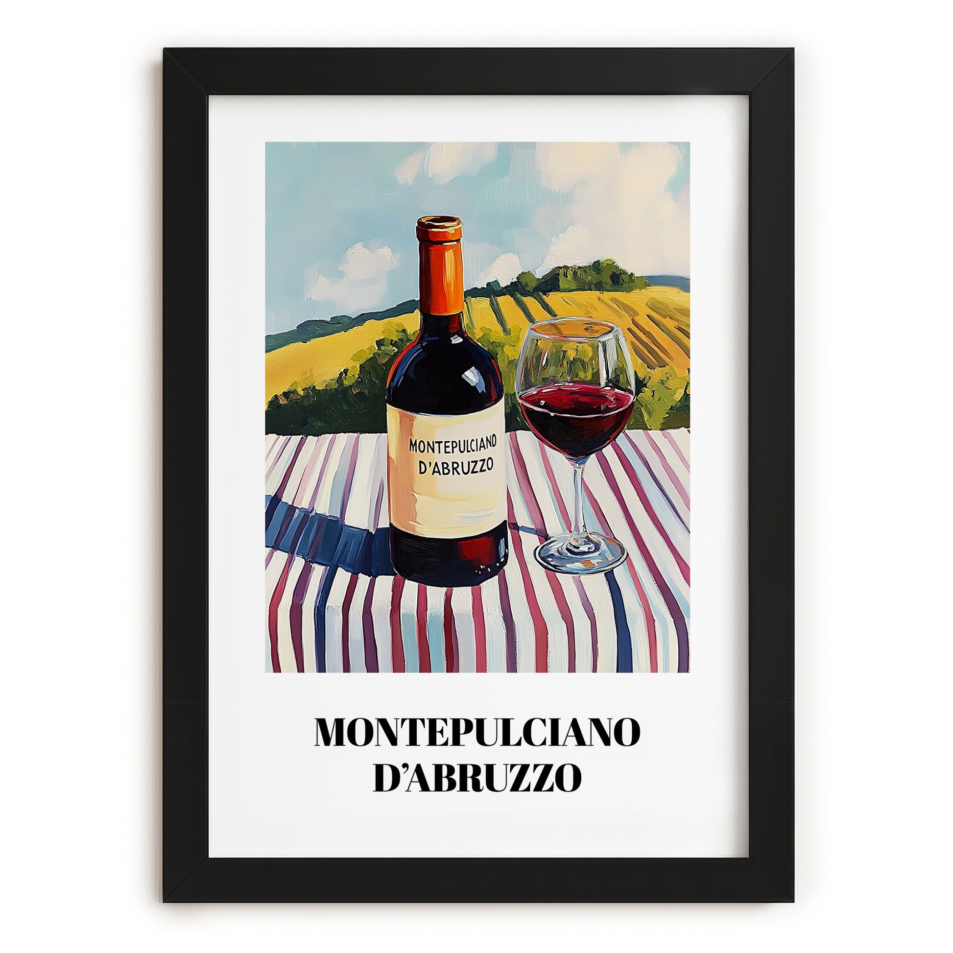 Montepulciano d'Abruzzo – Italian Hillside Café View, Italian Wine Wall Illustration, in sleek black frame