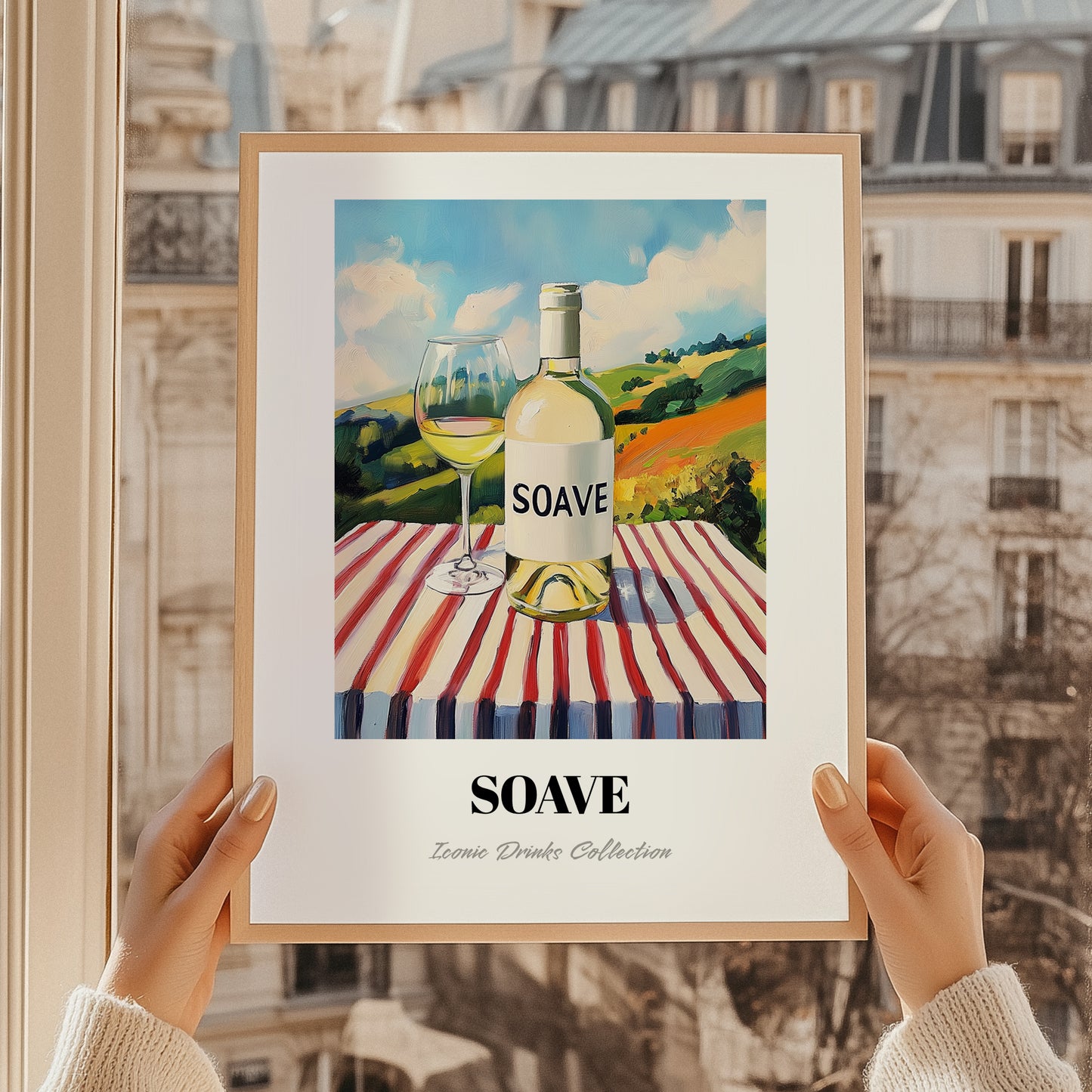 Soave – Italian Hilltop Café Scene, Italian Wine Illustration, styled in a charming Paris street view