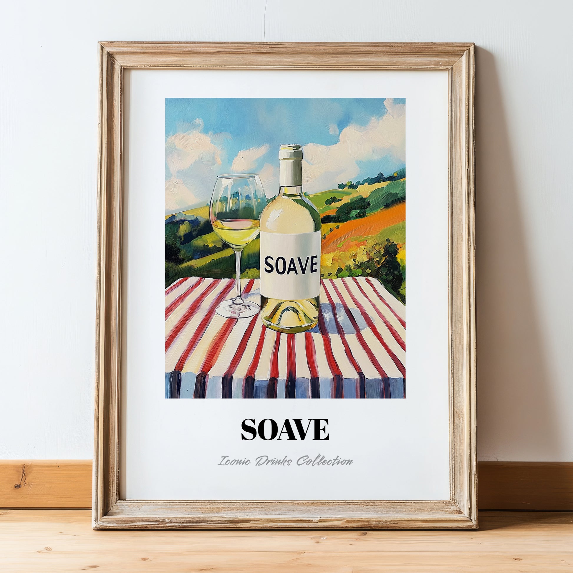 Soave – Italian Hilltop Café Scene, Italian Wine Illustration, in wooden frame leaning on the floor
