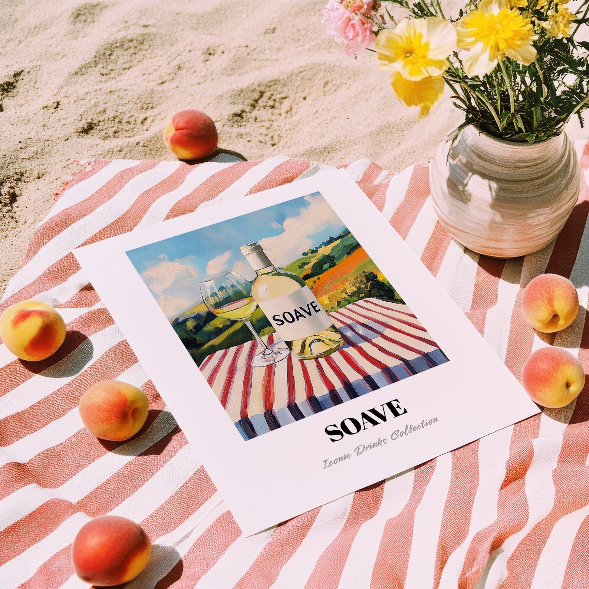 Soave – Italian Hilltop Café Scene, Italian Wine Illustration, unframed on coastal sand