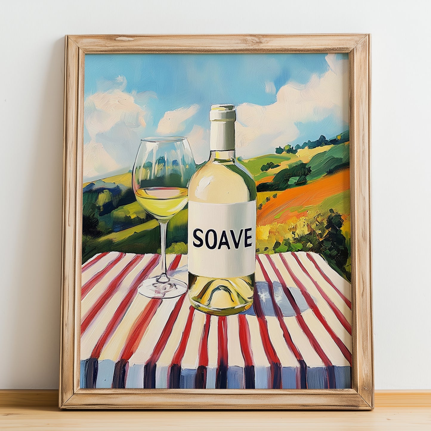 Soave – Italian Hilltop Café Scene, Italian Wine Illustration, no-text version framed in wood