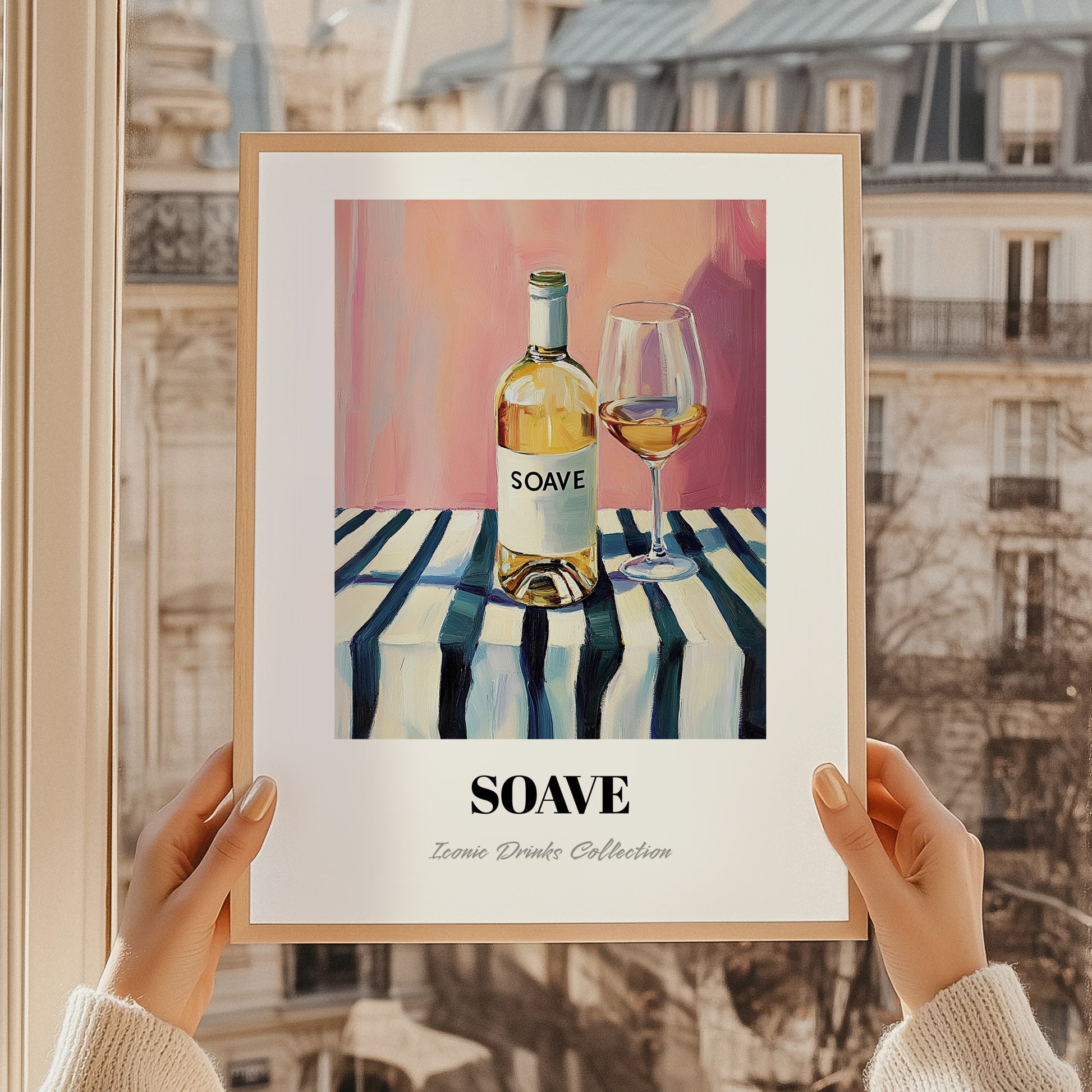 Soave – on Striped Tablecloth, Italian Wine Still Life, styled in a charming Paris street view