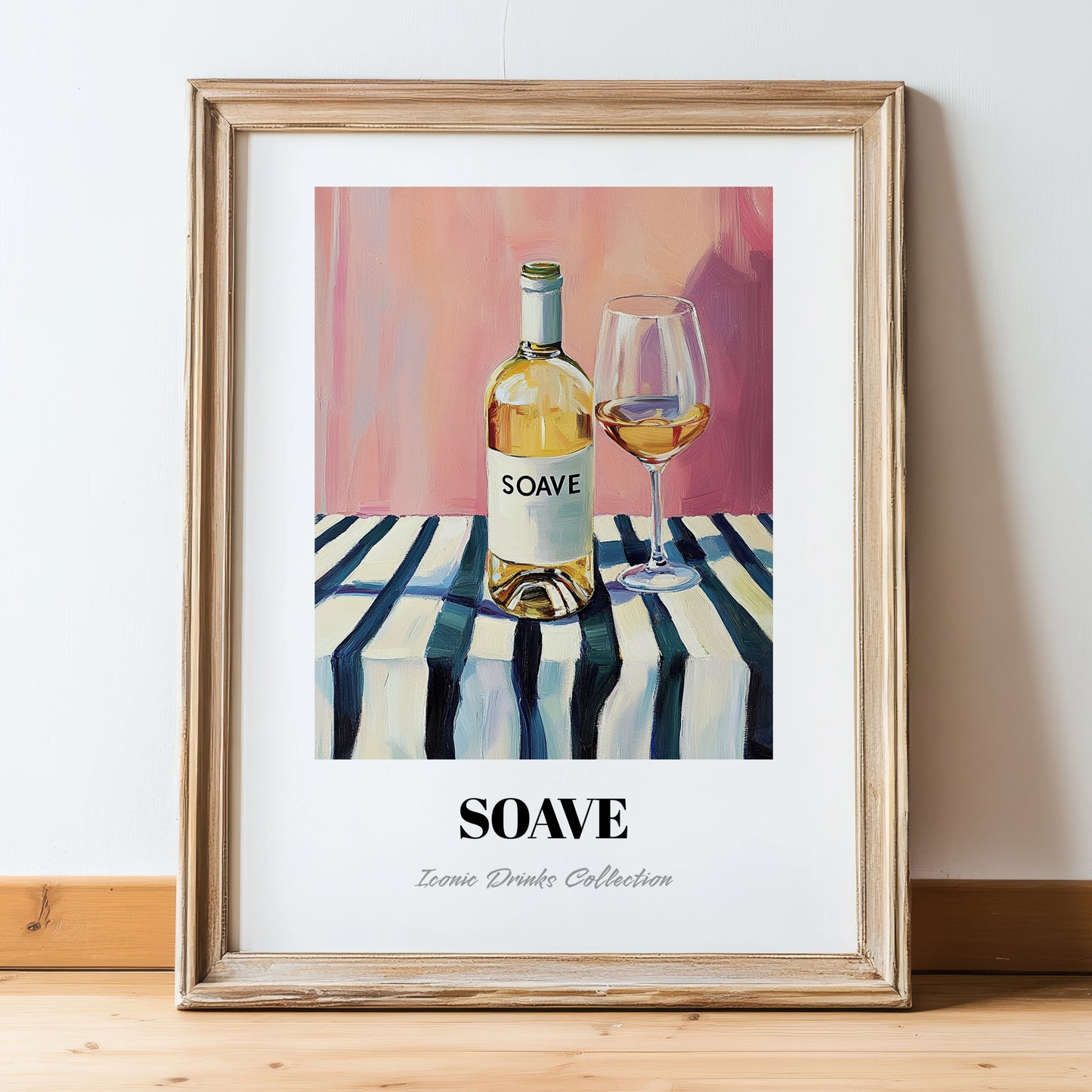 Soave – on Striped Tablecloth, Italian Wine Still Life, in wooden frame leaning on the floor