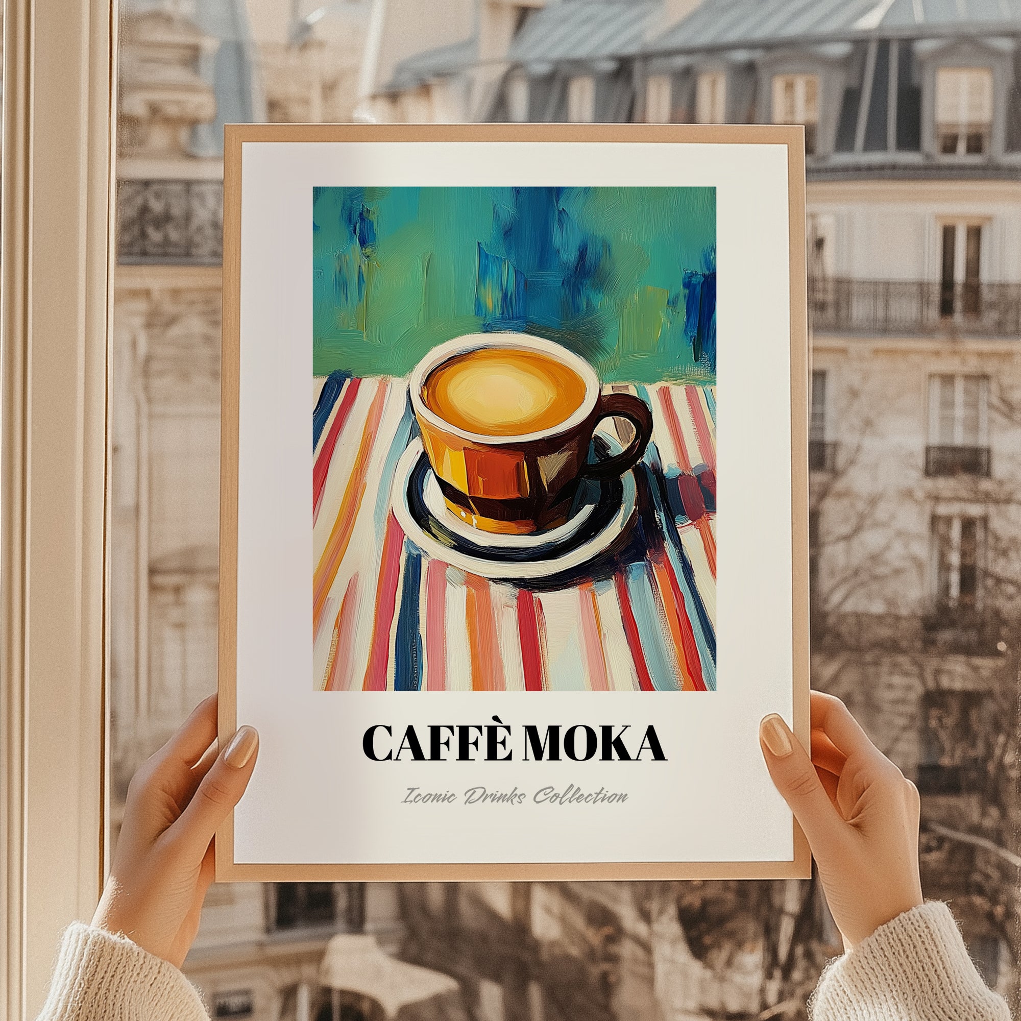Caffè Moka – on Striped Tablecloth, Italian Coffee Illustration, styled in a charming Paris street view