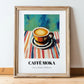 Caffè Moka – on Striped Tablecloth, Italian Coffee Illustration, in wooden frame leaning on the floor