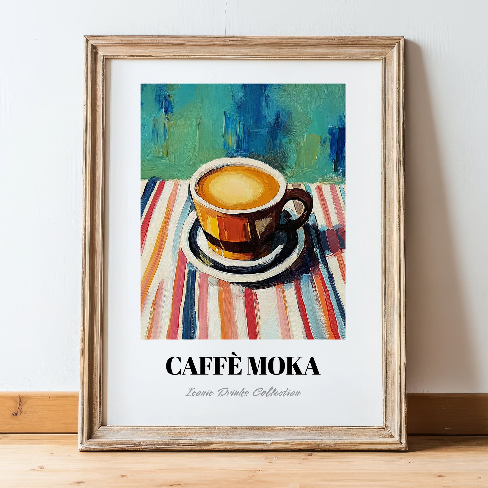 Caffè Moka – on Striped Tablecloth, Italian Coffee Illustration, in wooden frame leaning on the floor