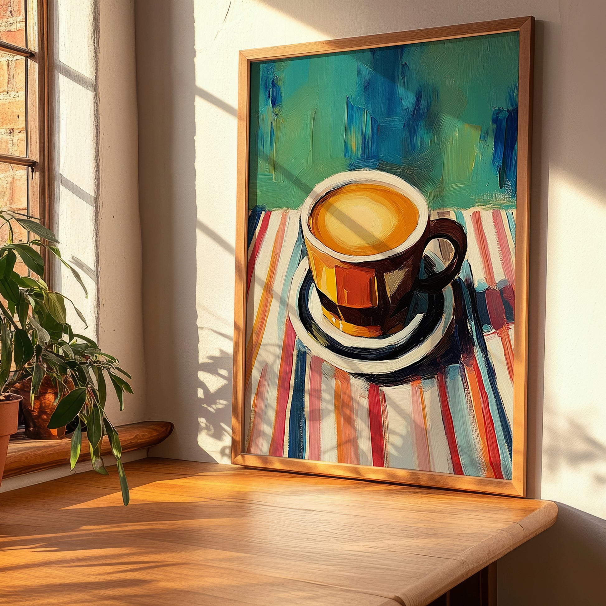 Caffè Moka – on Striped Tablecloth, Italian Coffee Illustration, clean layout with no caption
