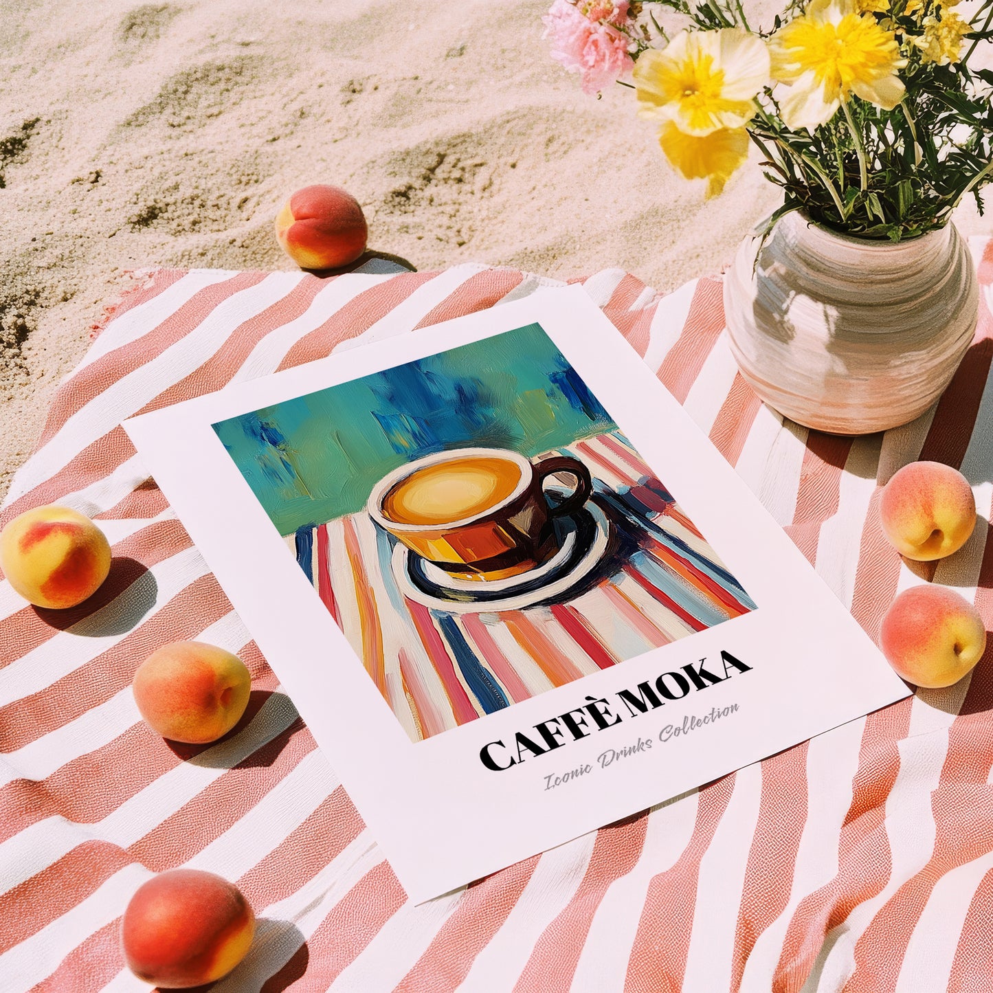 Caffè Moka – on Striped Tablecloth, Italian Coffee Illustration, unframed on coastal sand