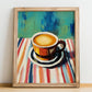 Caffè Moka – on Striped Tablecloth, Italian Coffee Illustration, no-text version framed in wood
