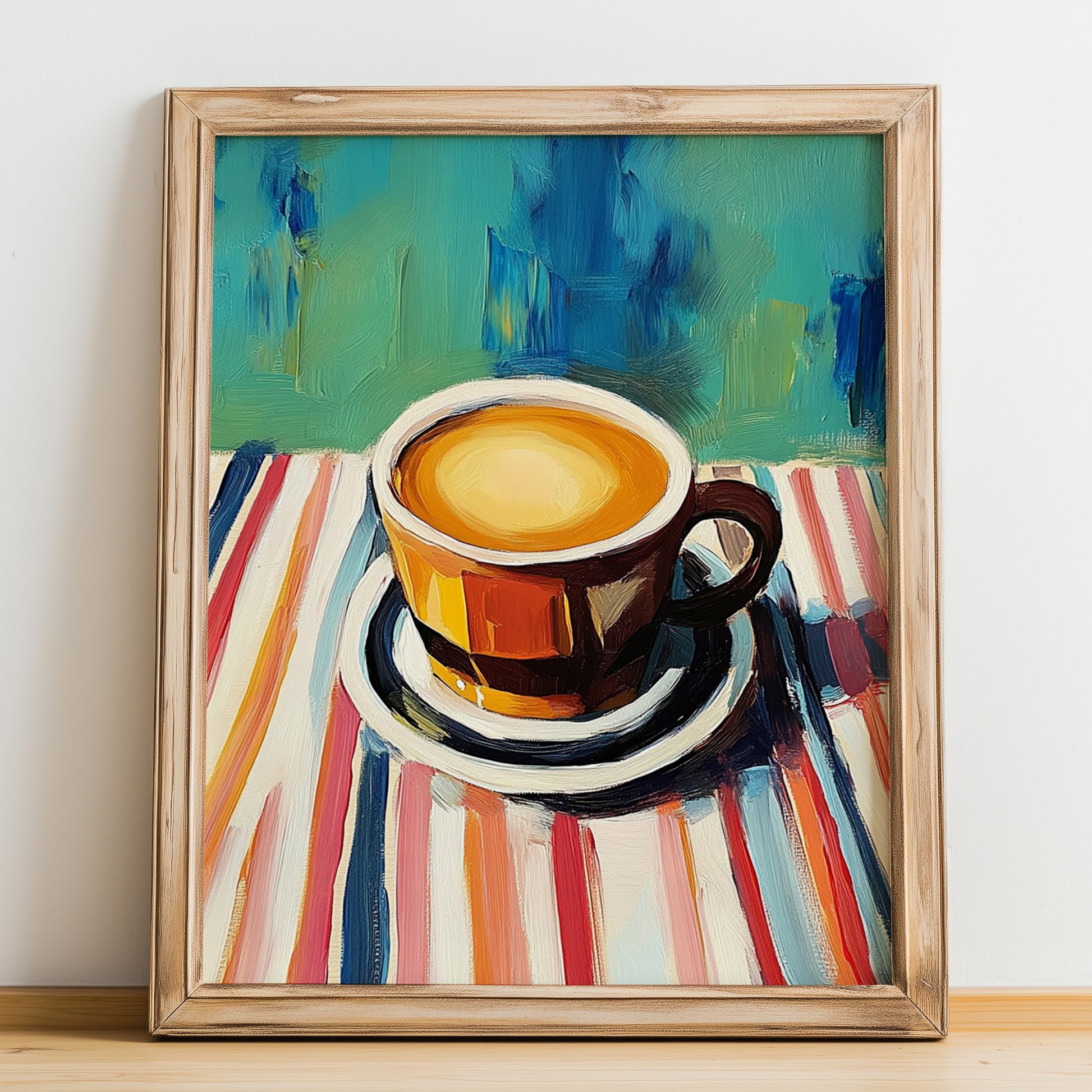 Caffè Moka – on Striped Tablecloth, Italian Coffee Illustration, no-text version framed in wood