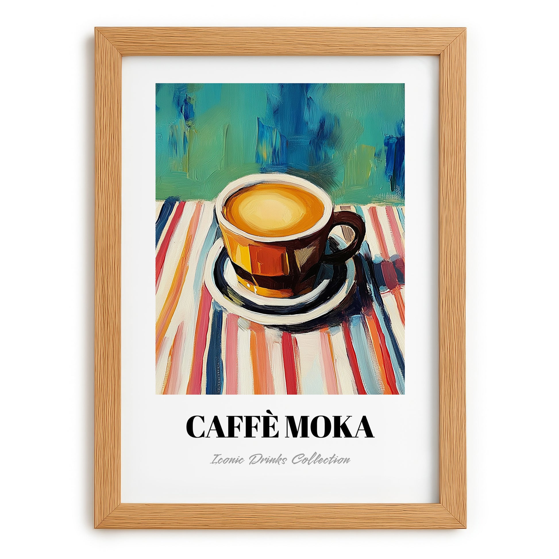 Caffè Moka – on Striped Tablecloth, Italian Coffee Illustration, set in oak frame