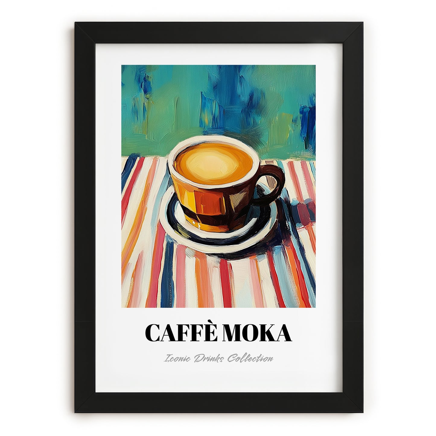 Caffè Moka – on Striped Tablecloth, Italian Coffee Illustration, in sleek black frame