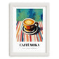 Caffè Moka – on Striped Tablecloth, Italian Coffee Illustration, placed in minimal white frame