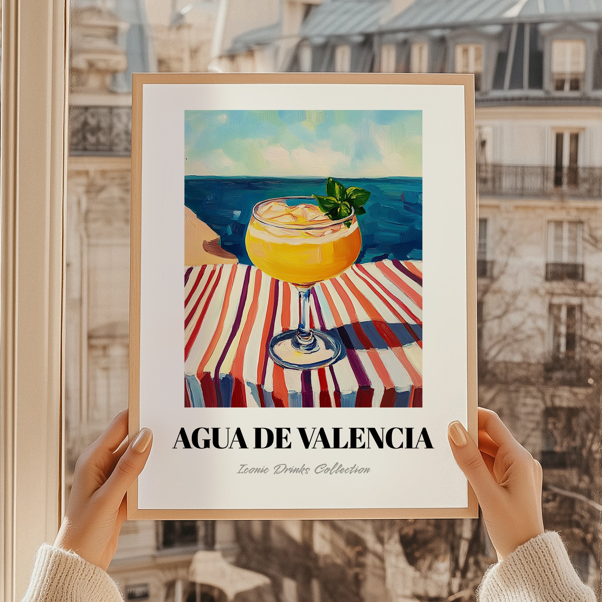 Agua De Valencia – Spanish Coastal Café Moment, Spanish Cocktail Illustration, styled in a charming Paris street view