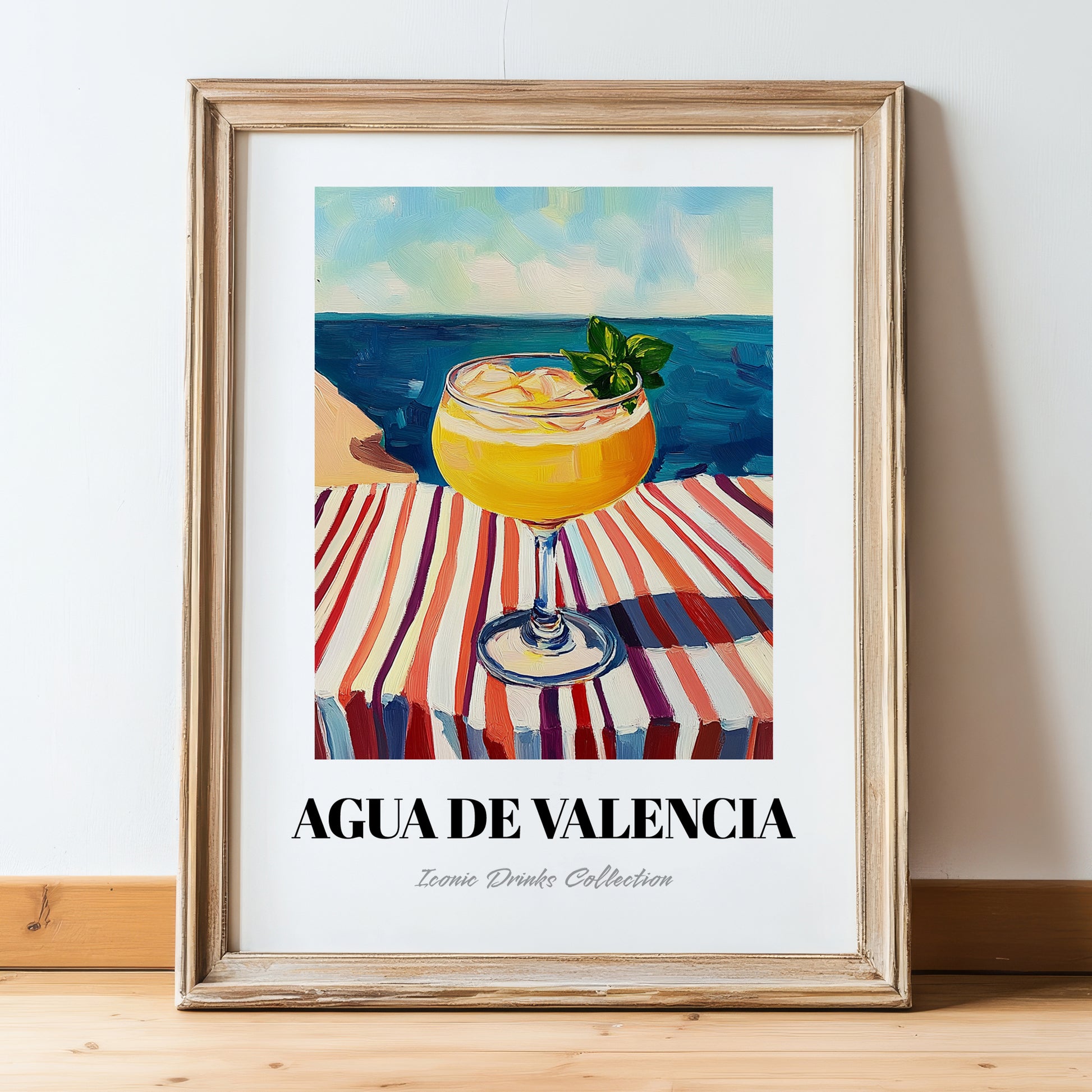 Agua De Valencia – Spanish Coastal Café Moment, Spanish Cocktail Illustration, in wooden frame leaning on the floor