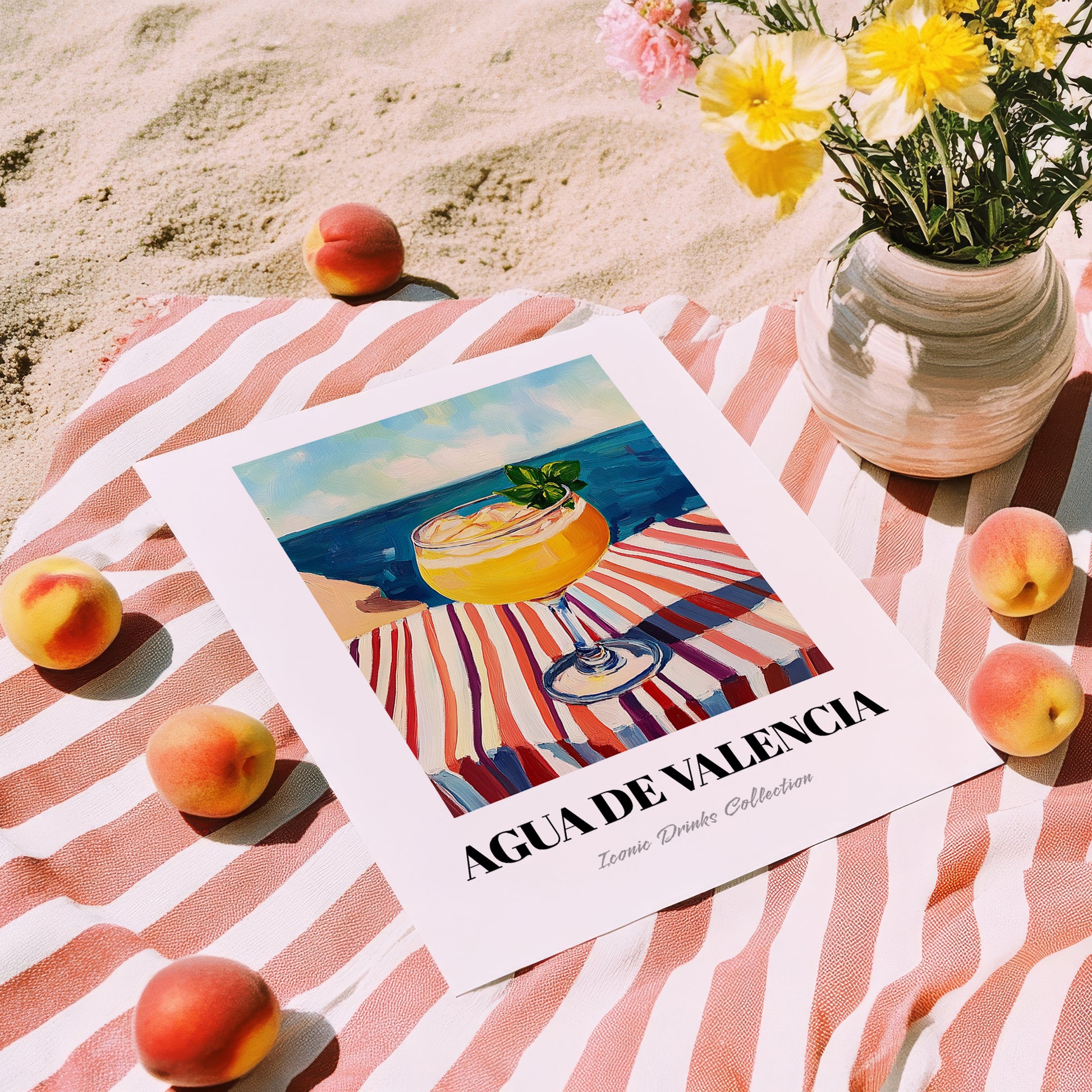 Agua De Valencia – Spanish Coastal Café Moment, Spanish Cocktail Illustration, unframed on coastal sand