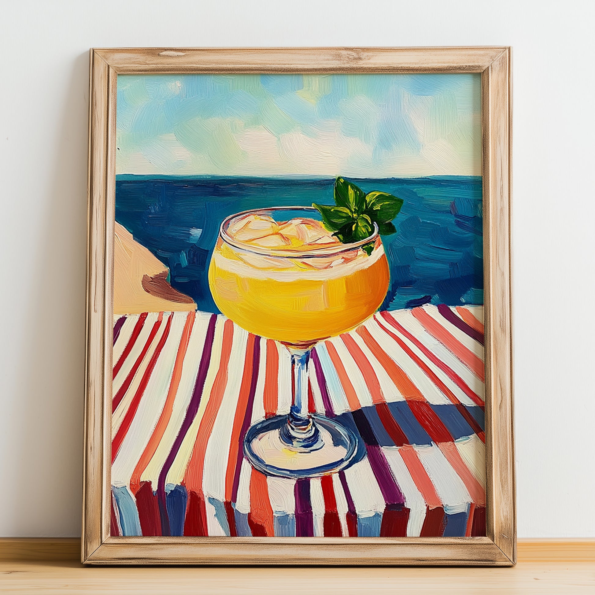 Agua De Valencia – Spanish Coastal Café Moment, Spanish Cocktail Illustration, no-text version framed in wood