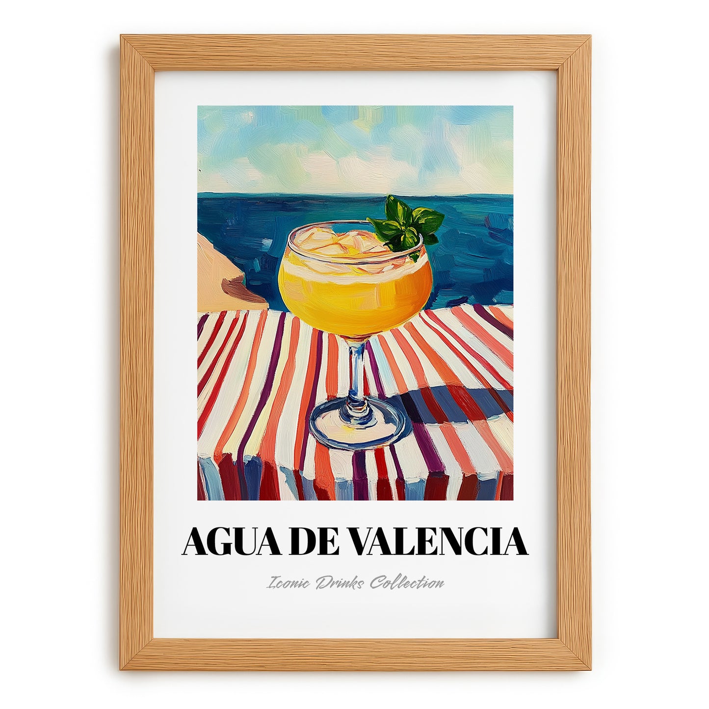 Agua De Valencia – Spanish Coastal Café Moment, Spanish Cocktail Illustration, set in oak frame