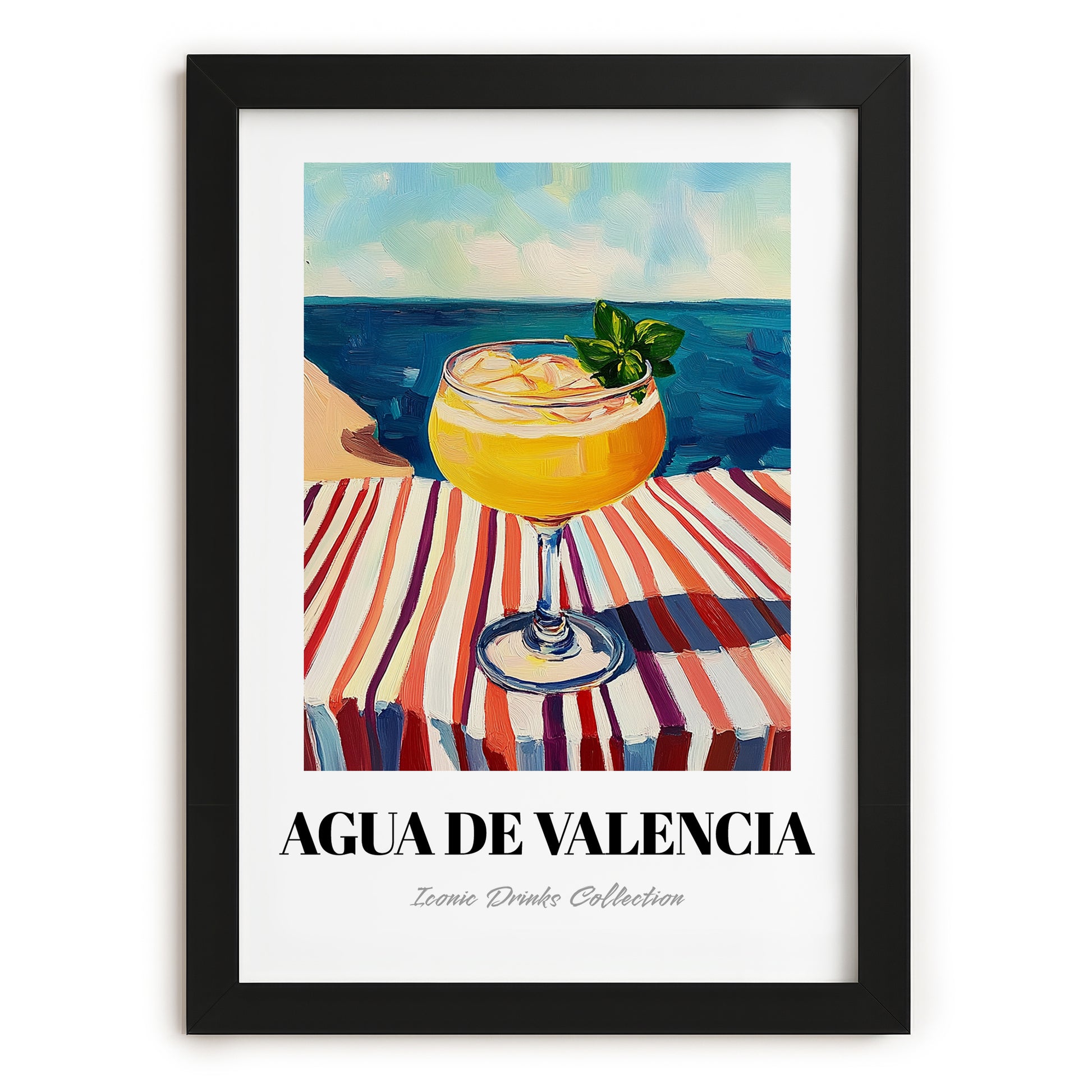 Agua De Valencia – Spanish Coastal Café Moment, Spanish Cocktail Illustration, in sleek black frame