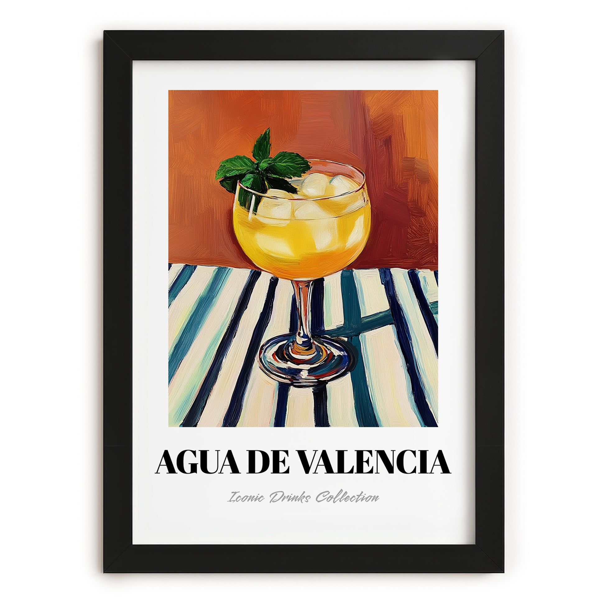 Agua De Valencia – on Striped Tablecloth, Spanish Cocktail Wall Art, in sleek black frame
