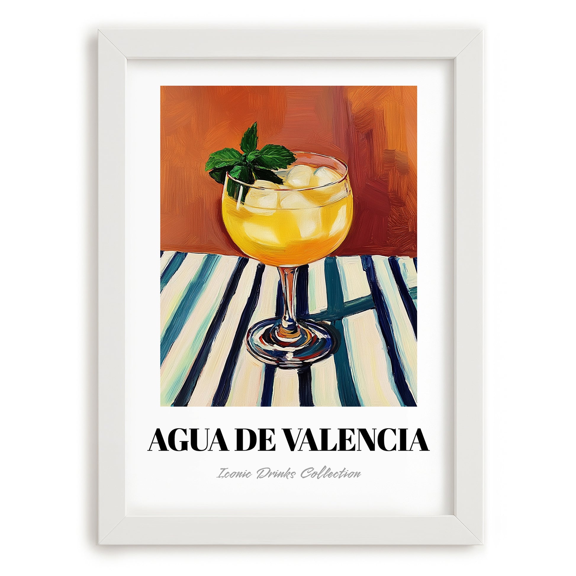 Agua De Valencia – on Striped Tablecloth, Spanish Cocktail Wall Art, placed in minimal white frame