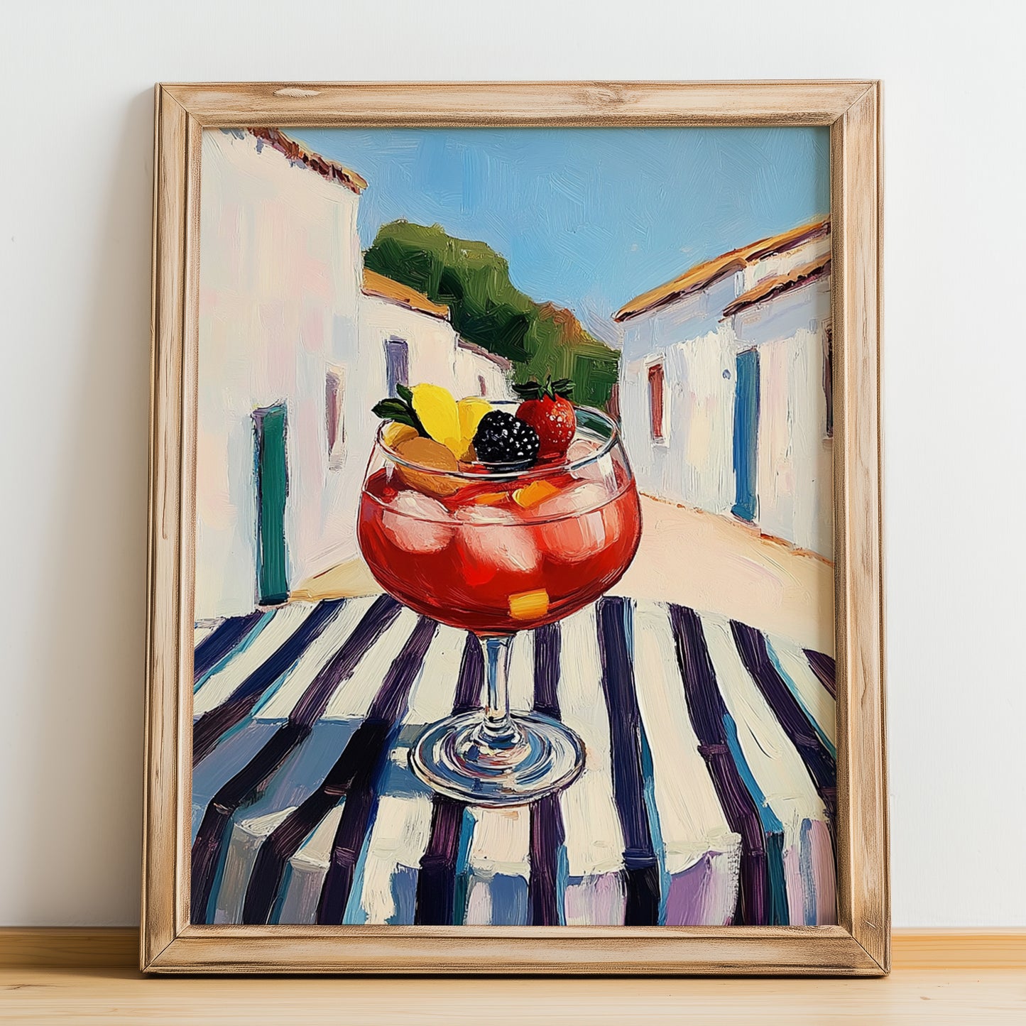 Sangría – Spanish Urban Café Scene, Spanish Cocktail Painting, no-text version framed in wood