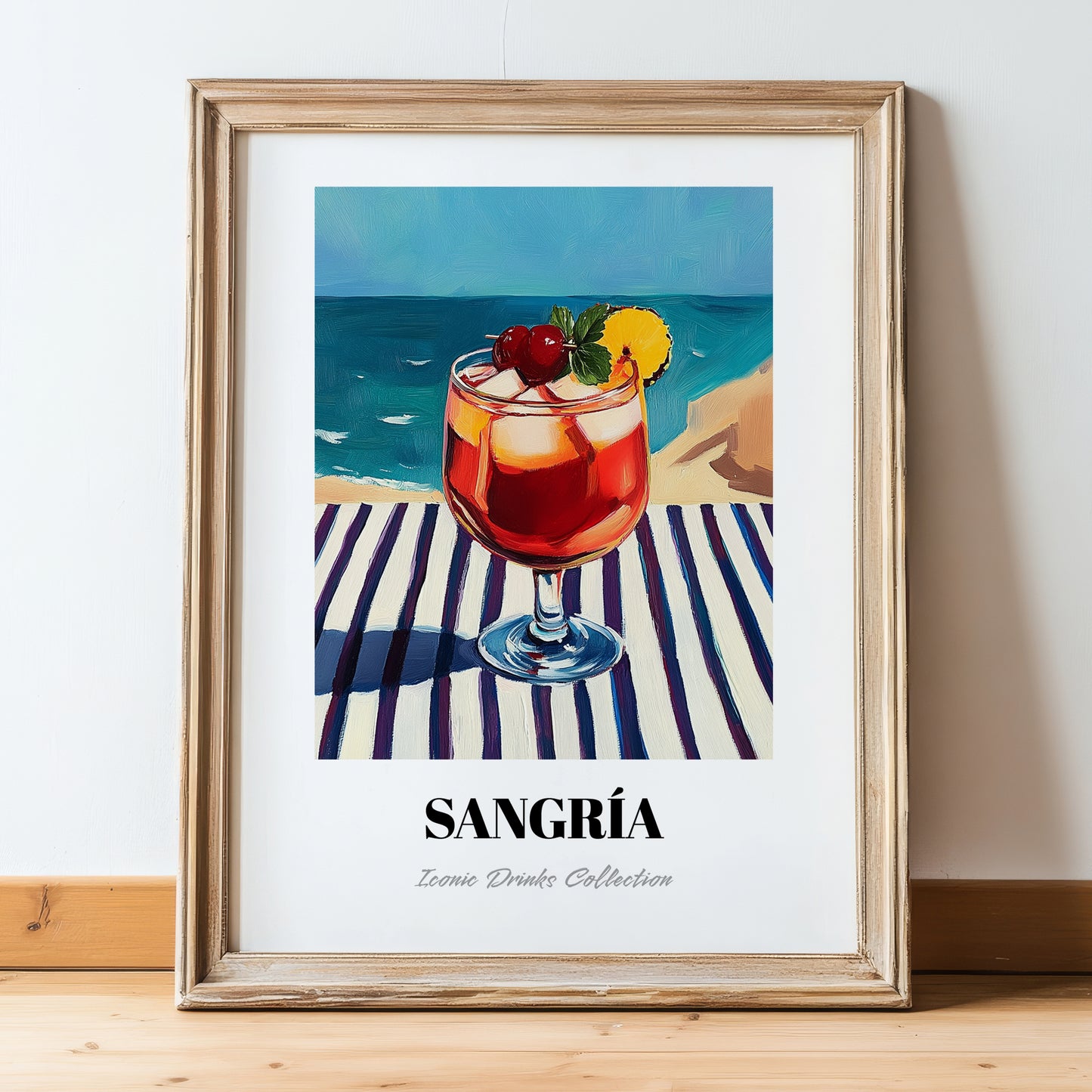 Sangría – Spanish Coastal Café Moment, Spanish Cocktail Art, in wooden frame leaning on the floor
