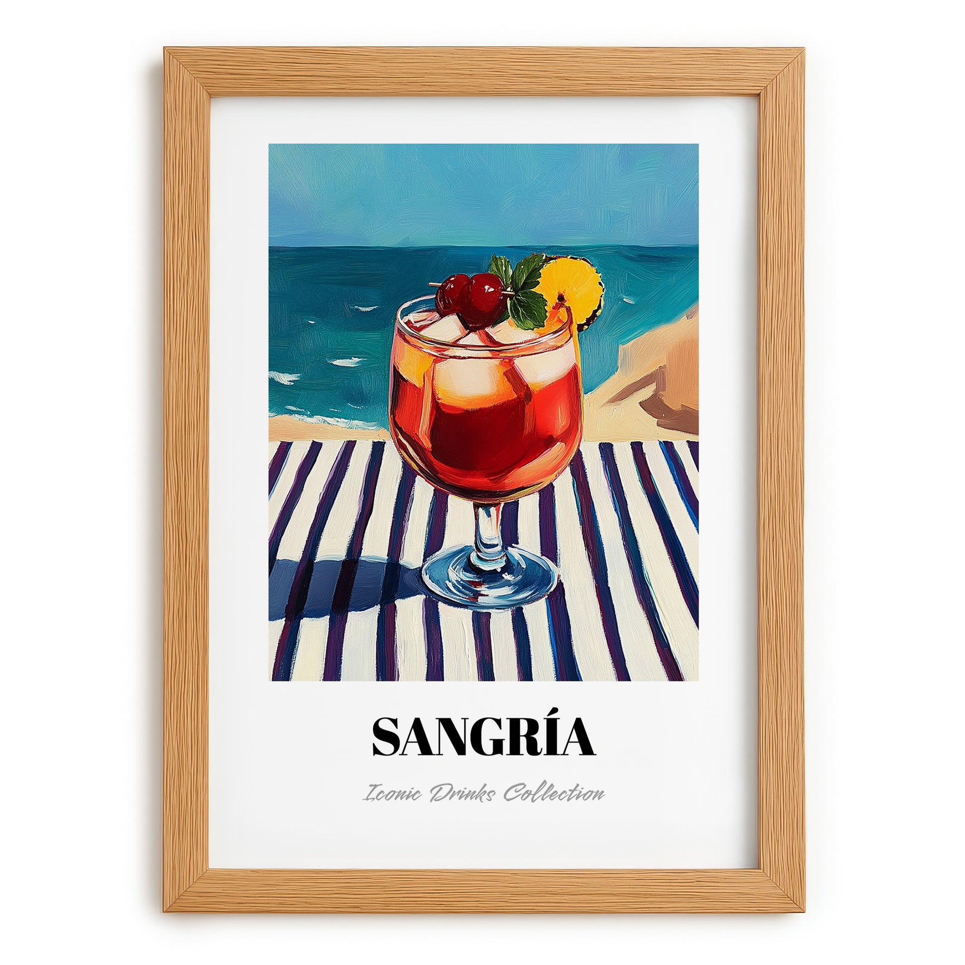 Sangría – Spanish Coastal Café Moment, Spanish Cocktail Art, set in oak frame
