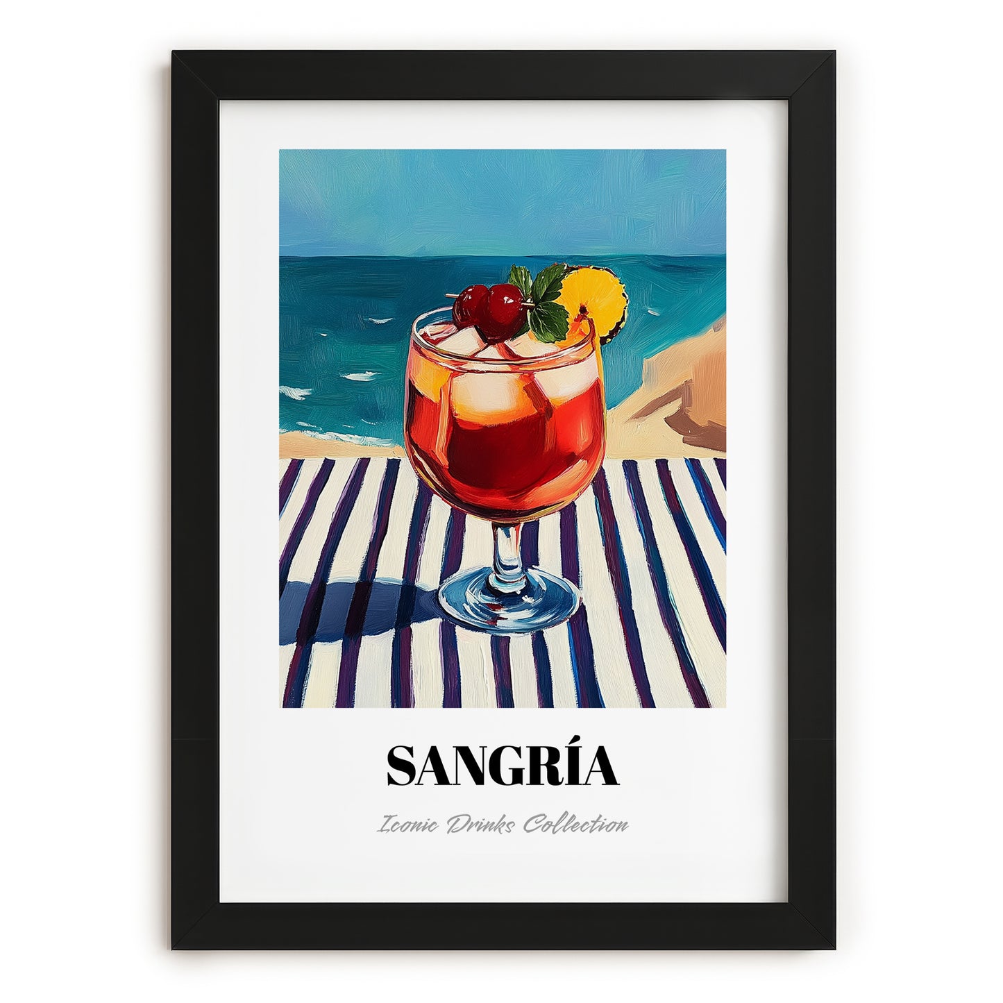 Sangría – Spanish Coastal Café Moment, Spanish Cocktail Art, in sleek black frame