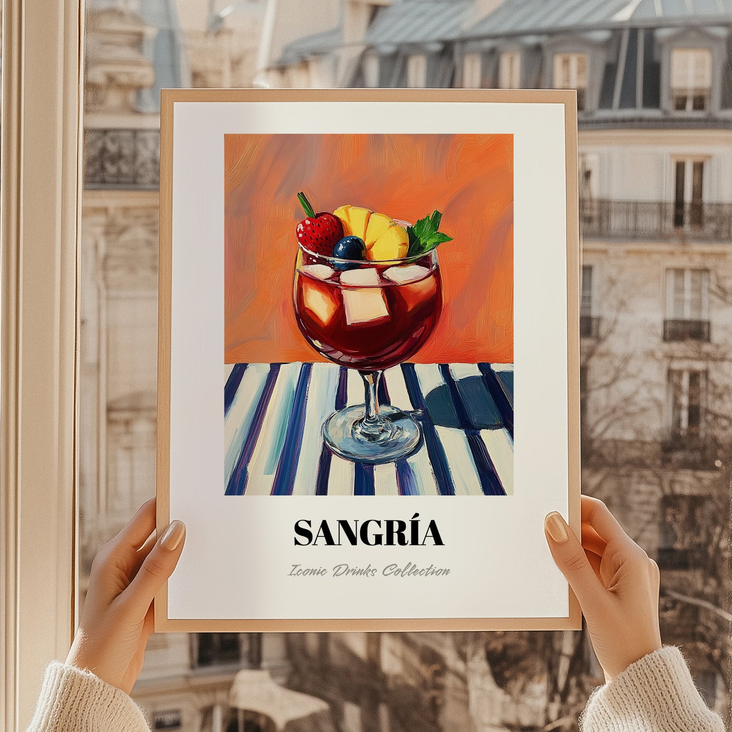 Sangría – on Striped Tablecloth, Spanish Cocktail Illustration, styled in a charming Paris street view