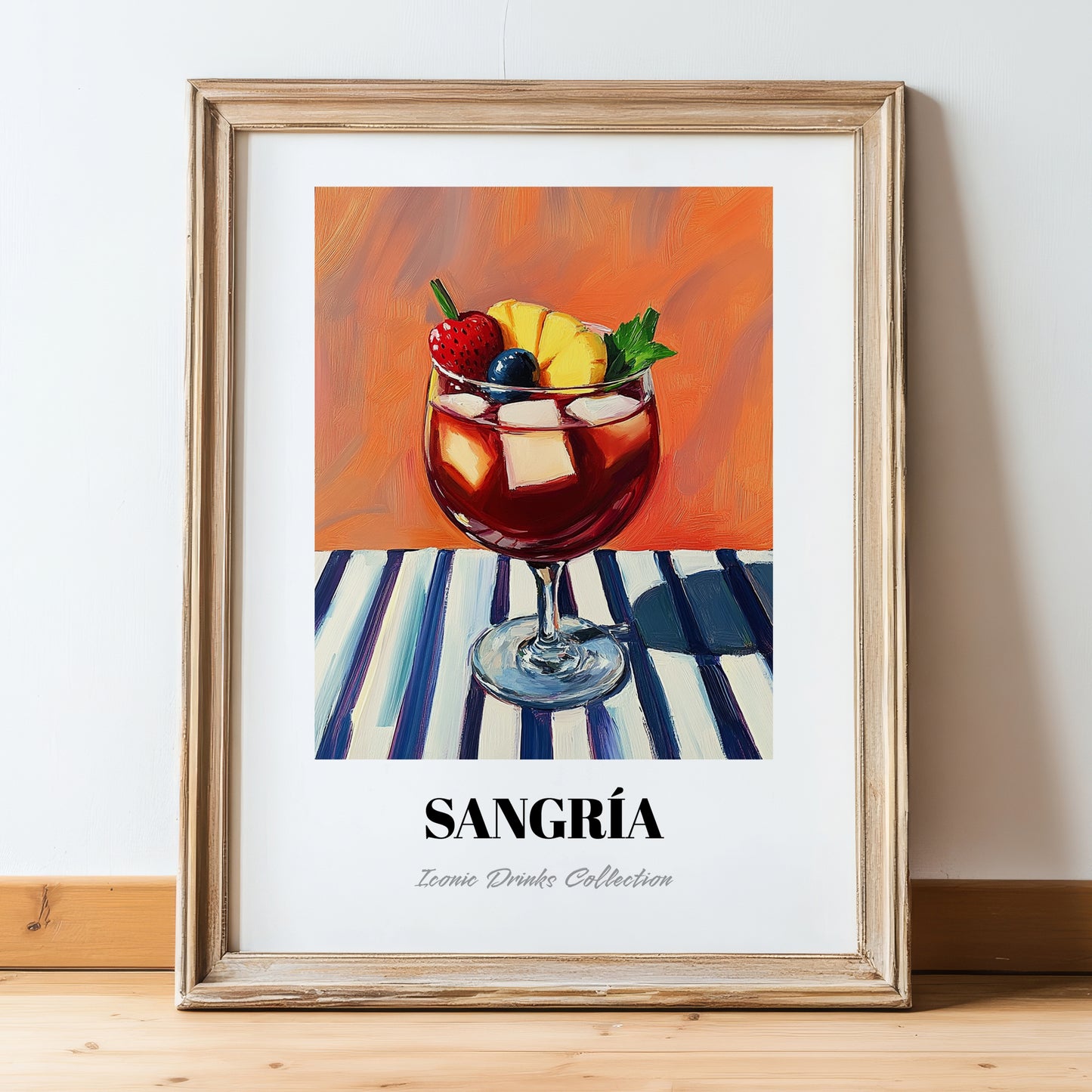 Sangría – on Striped Tablecloth, Spanish Cocktail Illustration, in wooden frame leaning on the floor
