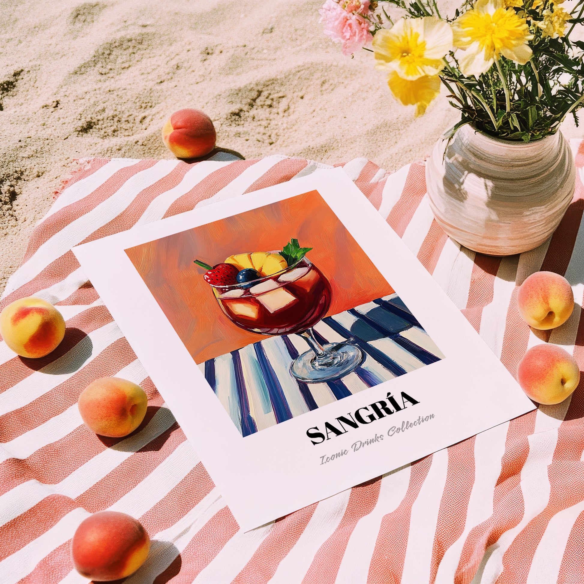 Sangría – on Striped Tablecloth, Spanish Cocktail Illustration, unframed on coastal sand