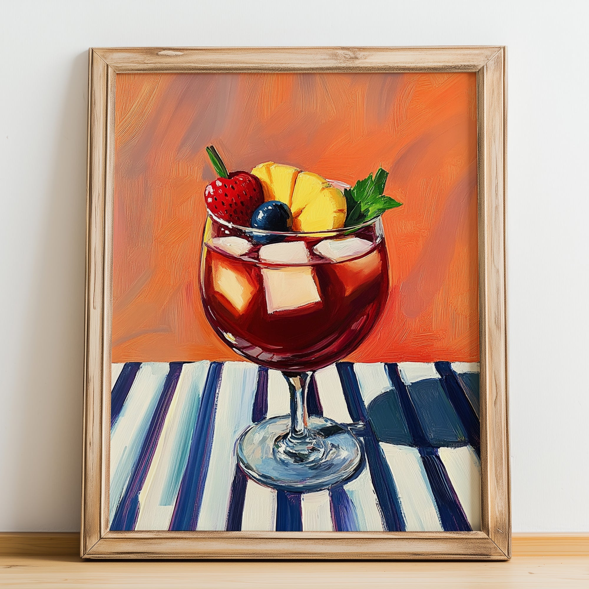 Sangría – on Striped Tablecloth, Spanish Cocktail Illustration, no-text version framed in wood