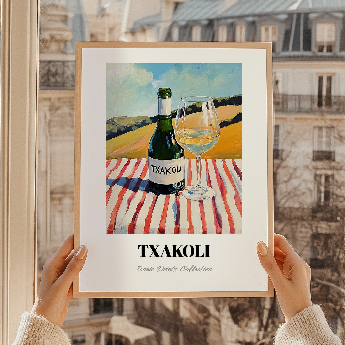 Txakoli – Spanish Hilltop Table Scene, Spanish Wine Wall Decor, styled in a charming Paris street view