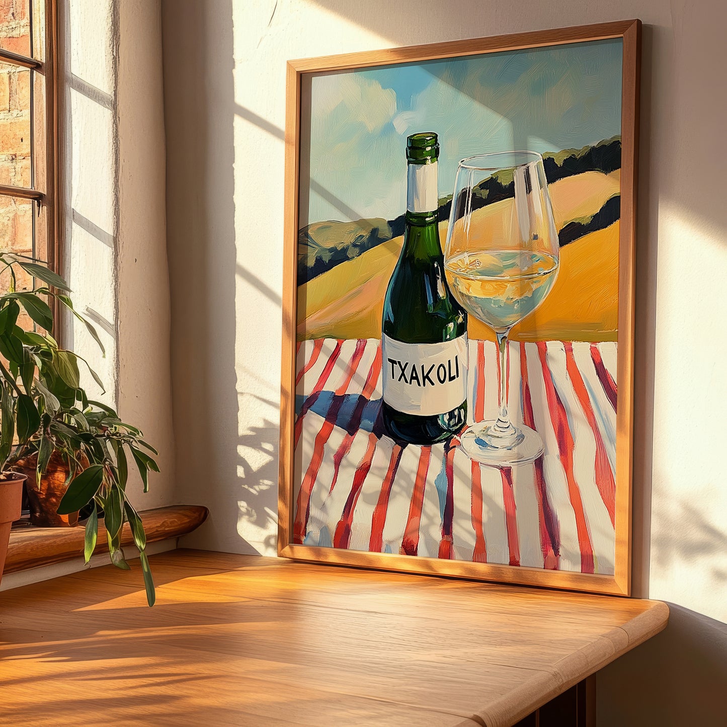 Txakoli – Spanish Hilltop Table Scene, Spanish Wine Wall Decor, clean layout with no caption
