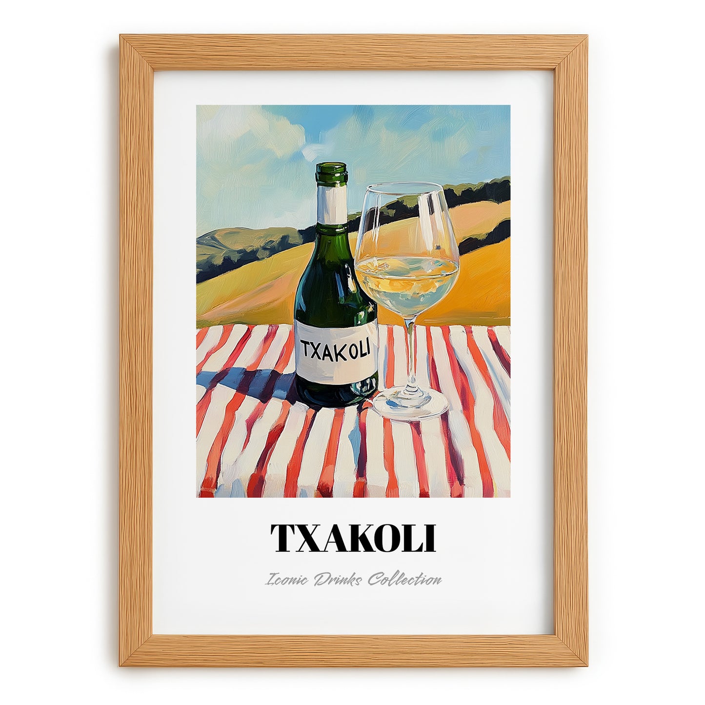 Txakoli – Spanish Hilltop Table Scene, Spanish Wine Wall Decor, set in oak frame