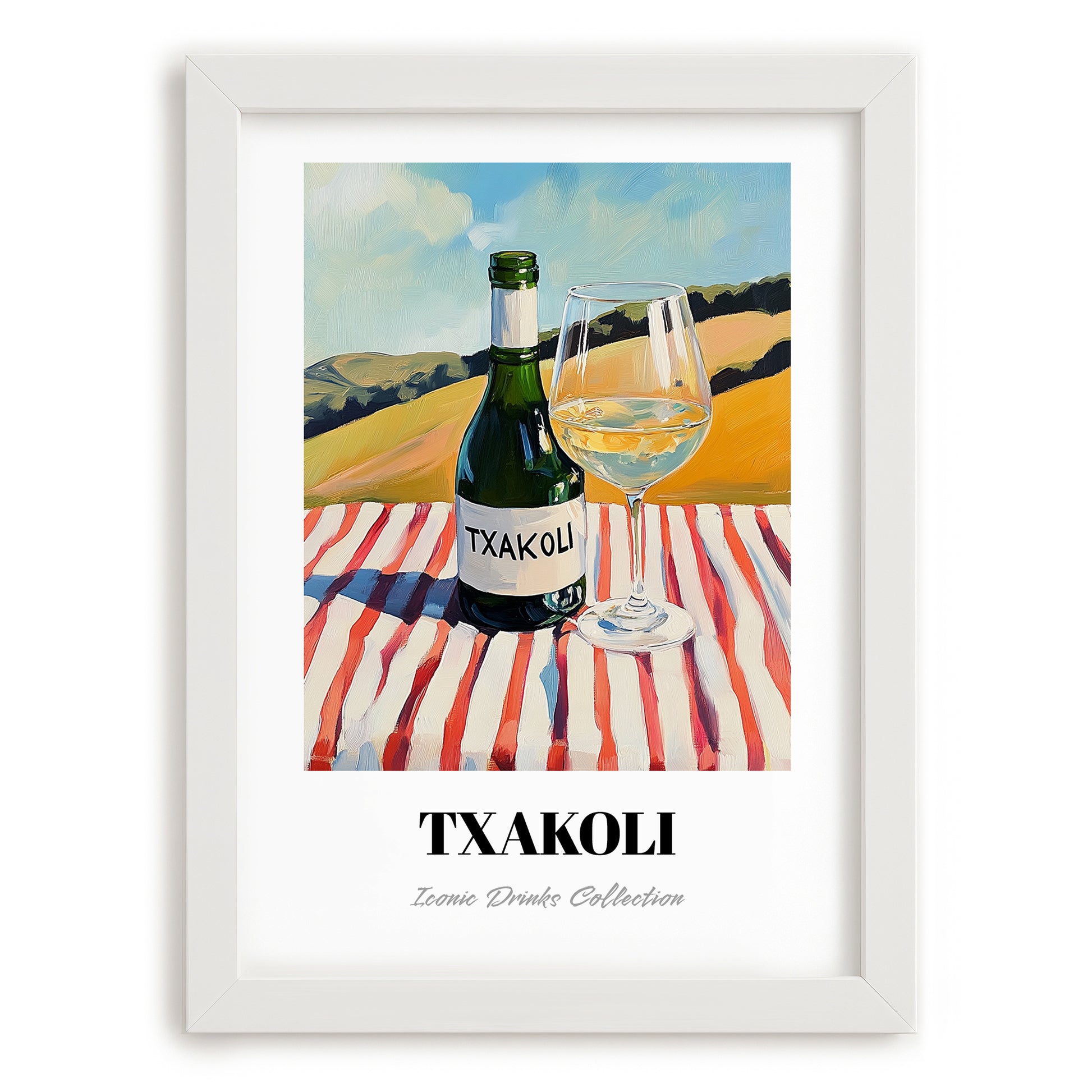 Txakoli – Spanish Hilltop Table Scene, Spanish Wine Wall Decor, placed in minimal white frame