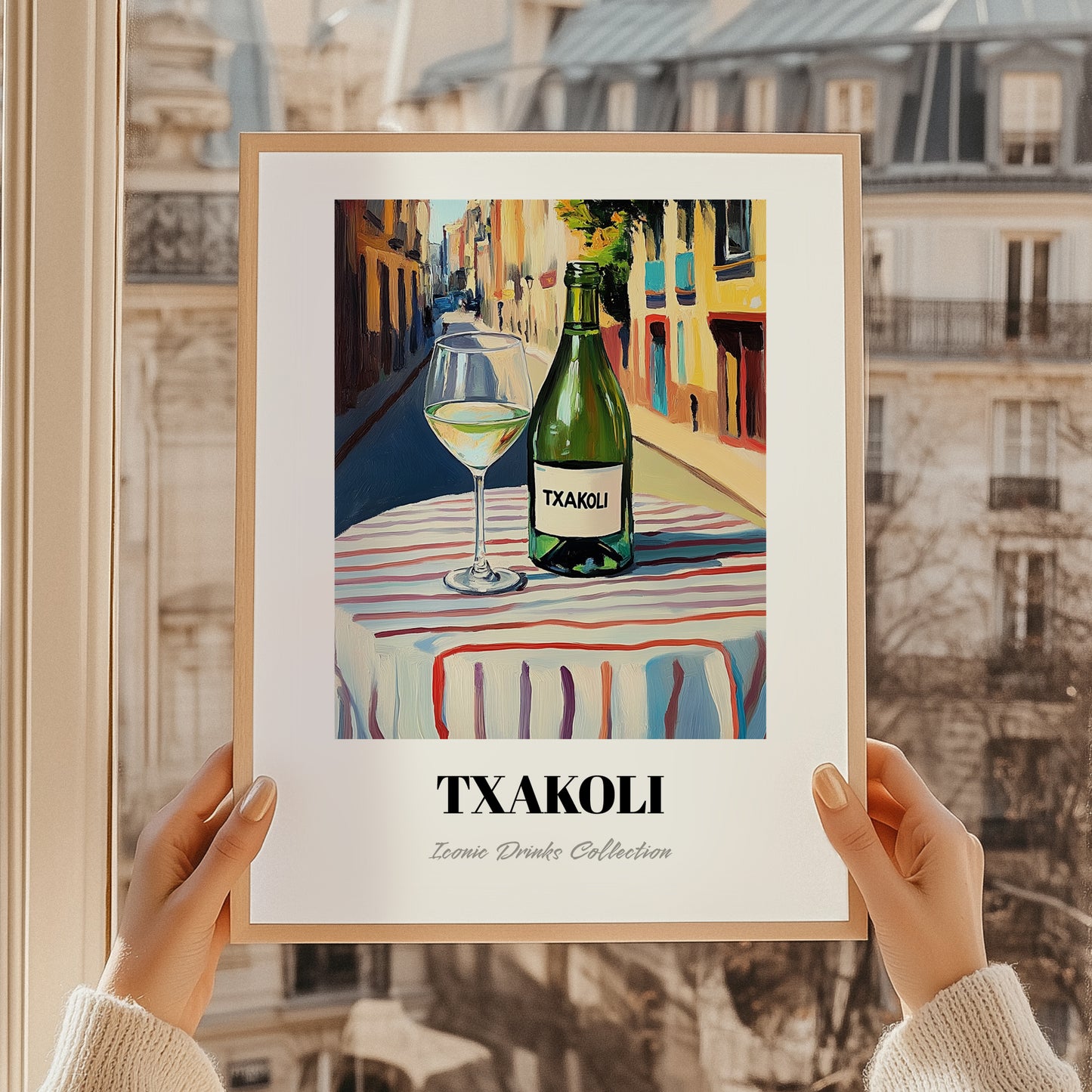 Txakoli – Spanish Outdoor Café Scene, Spanish Wine Painting, styled in a charming Paris street view
