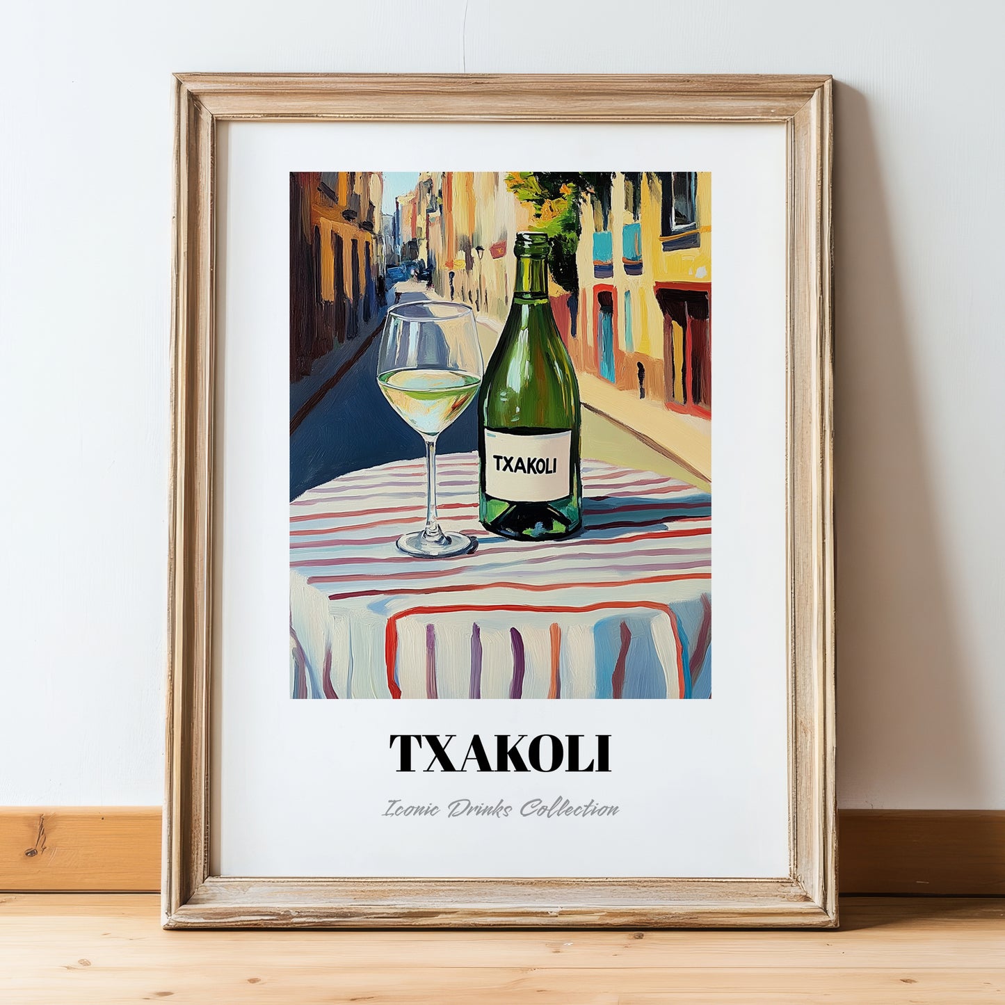 Txakoli – Spanish Outdoor Café Scene, Spanish Wine Painting, in wooden frame leaning on the floor
