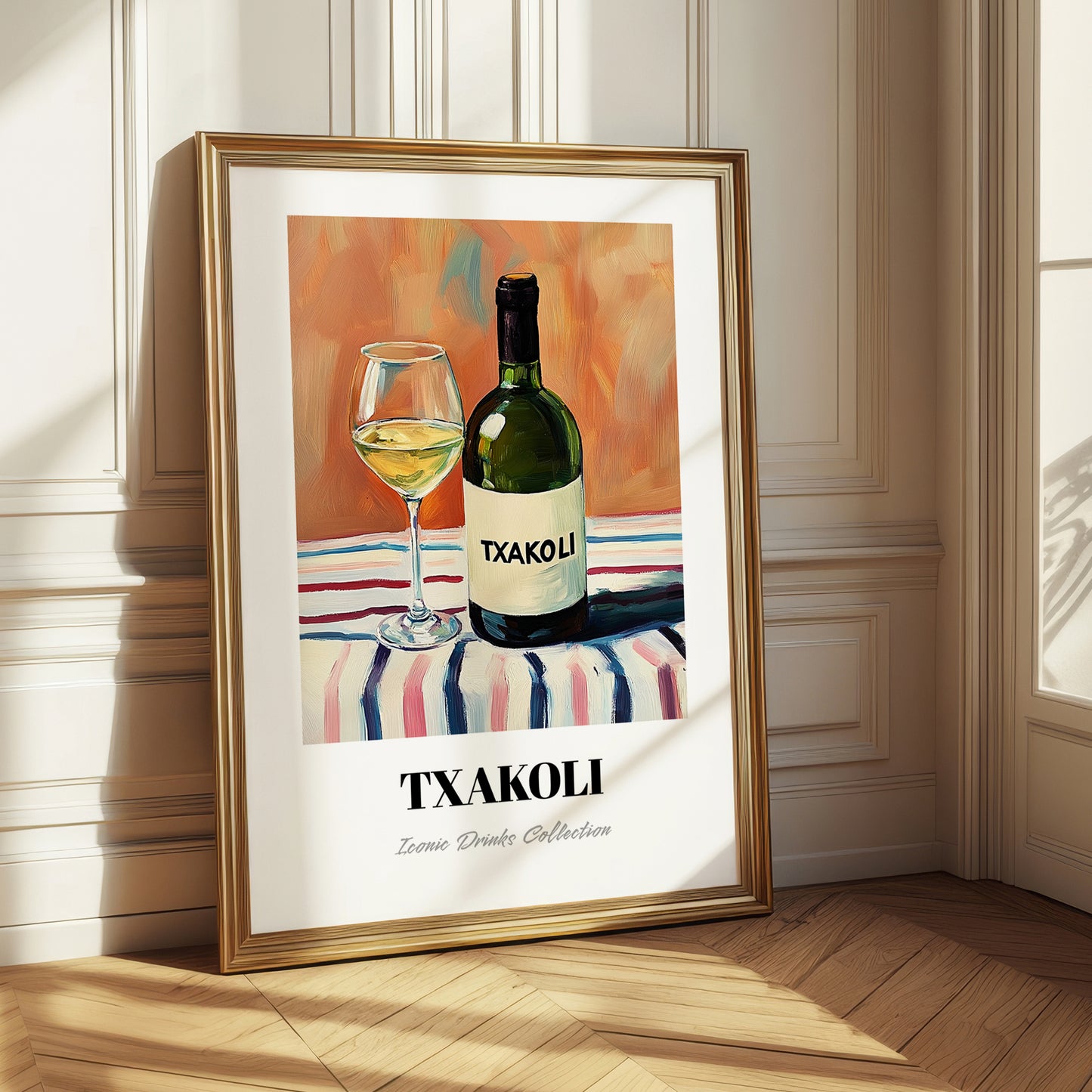 Txakoli – on Striped Tablecloth, Spanish Wine Still Life