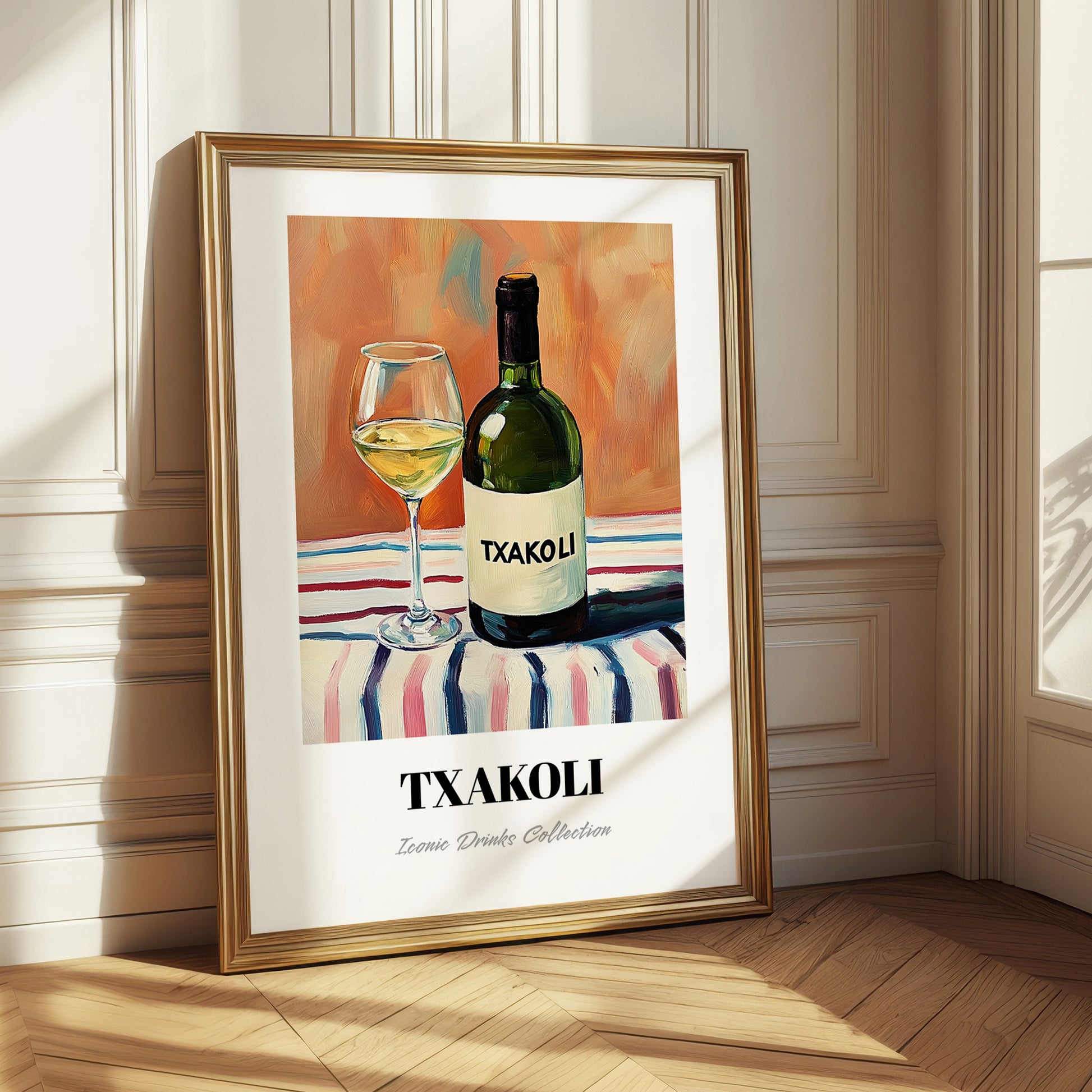 Txakoli – on Striped Tablecloth, Spanish Wine Still Life