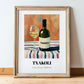 Txakoli – on Striped Tablecloth, Spanish Wine Still Life, in wooden frame leaning on the floor