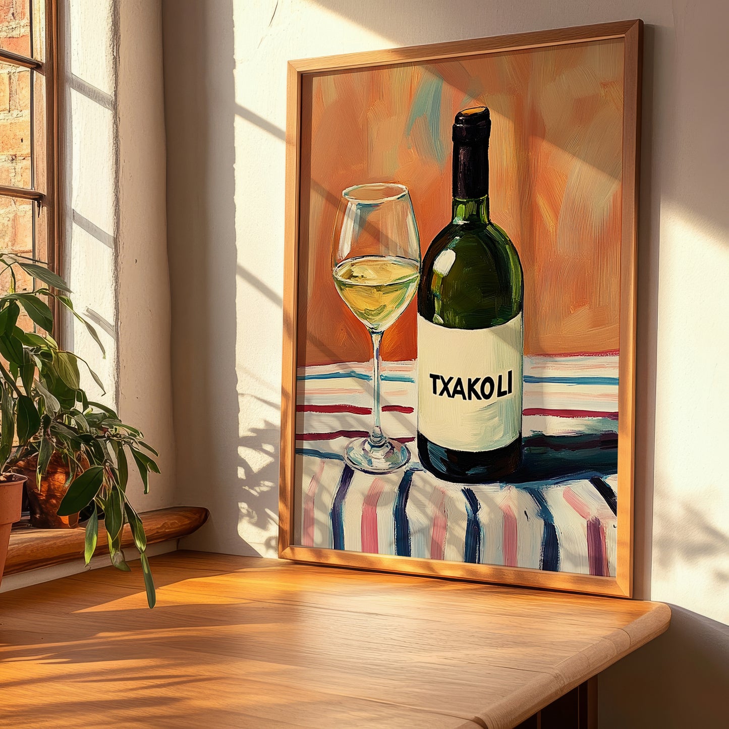 Txakoli – on Striped Tablecloth, Spanish Wine Still Life, clean layout with no caption