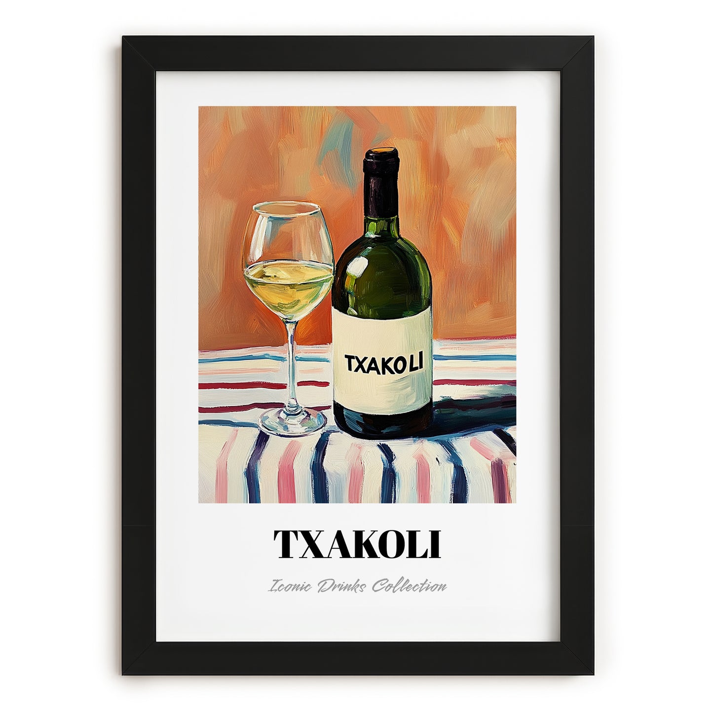 Txakoli – on Striped Tablecloth, Spanish Wine Still Life, in sleek black frame