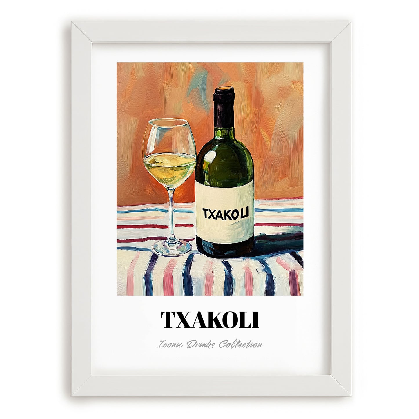 Txakoli – on Striped Tablecloth, Spanish Wine Still Life, placed in minimal white frame