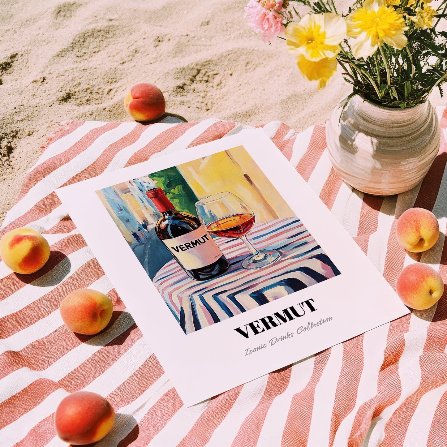 Vermut – Spanish Urban Café Scene, Spanish Wine Still Life, unframed on coastal sand