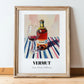 Vermut – on Striped Tablecloth, Spanish Wine Still Life, in wooden frame leaning on the floor